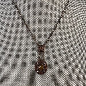 Vintage-Inspired Burnish Copper and Pink Stone Pendant Necklace